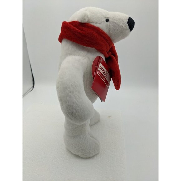 2013 Coca-Cola Plush Standing Polar Bear Red Scarf 10.5 inch Tag Is USED Writing - Picture 7 of 11